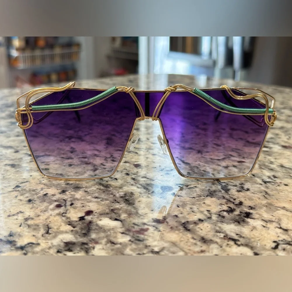 Large Aviator Sunglasses Gold Teal Purple, Artisan Made Unique Festival Unisex - Picture 5 of 15